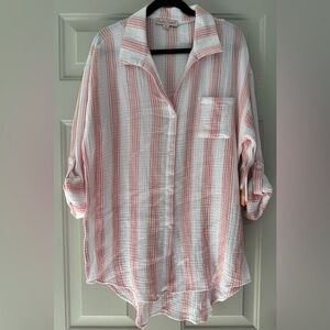 Coastal Comfort Pink and White Striped Button Down Shirt or Coverup Sz Medium